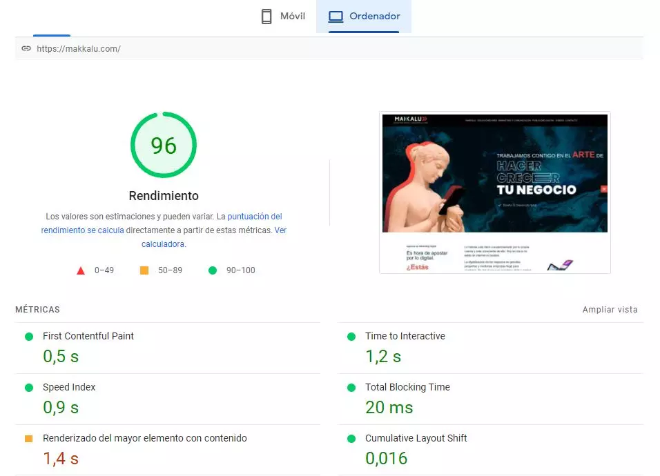 ejemplo de core web vitals aplicado al sitio web makkalu.com